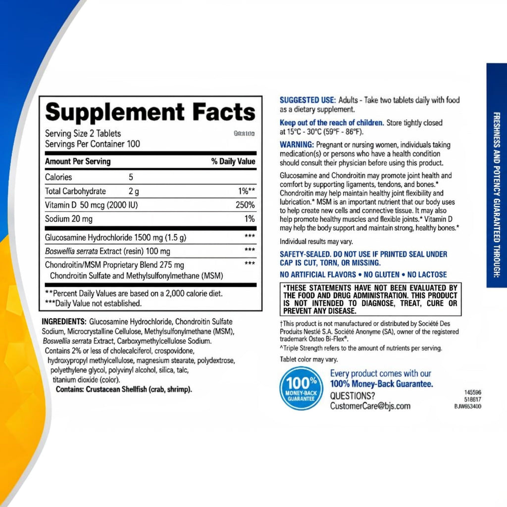 Berkley Jensen Glucosamine Chondroitin Triple Strength Complex with MSM and D3 Joint Supplement Tablets for Joint Support and Cartilages, NSF Certified, 200 Count (Pack of 1)