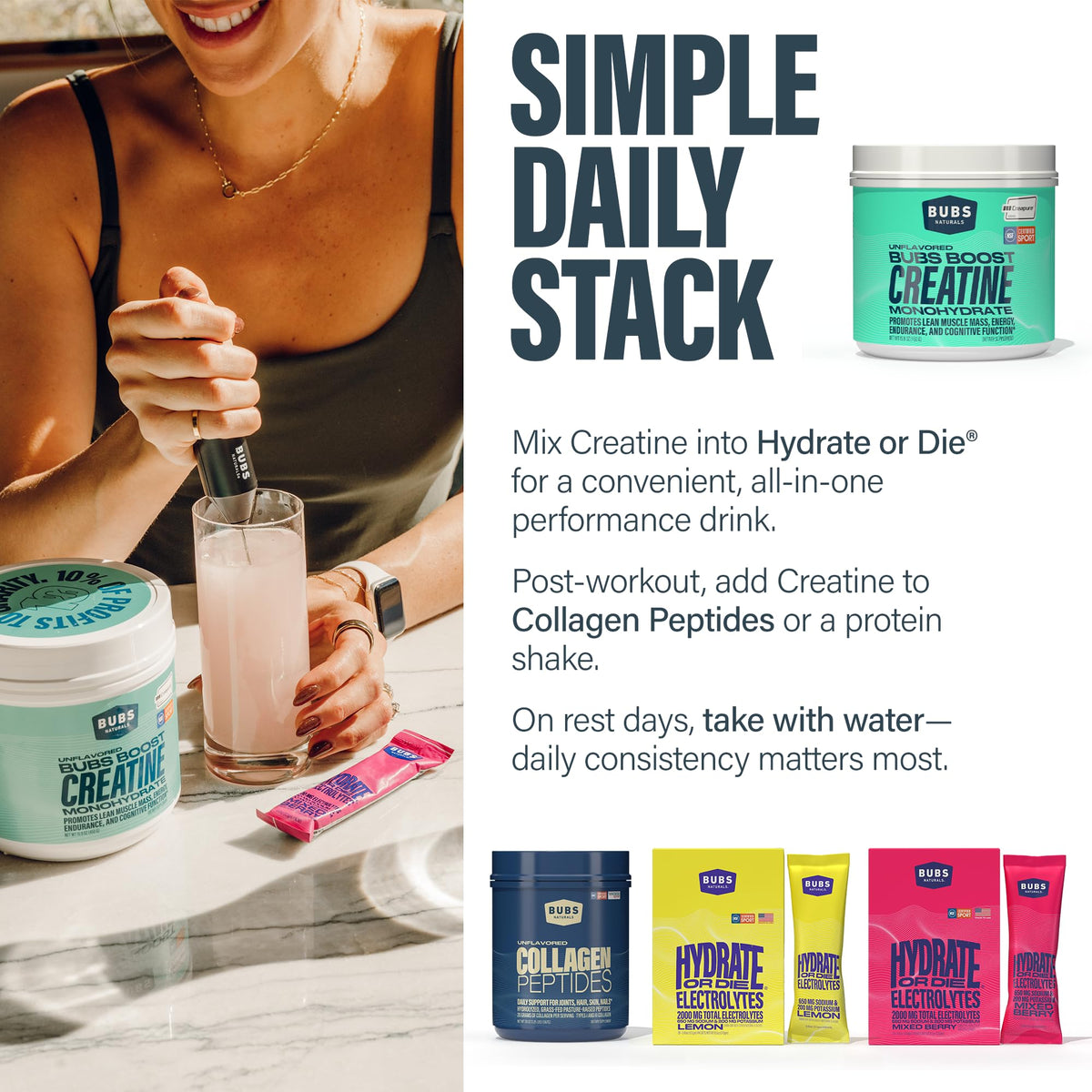 BUBS Boost Creatine Monohydrate – 90 Servings | 5g Creapure® Creatine Powder | NSF Certified for Sport | Supports Strength, Power & Performance | Unflavored, No Fillers