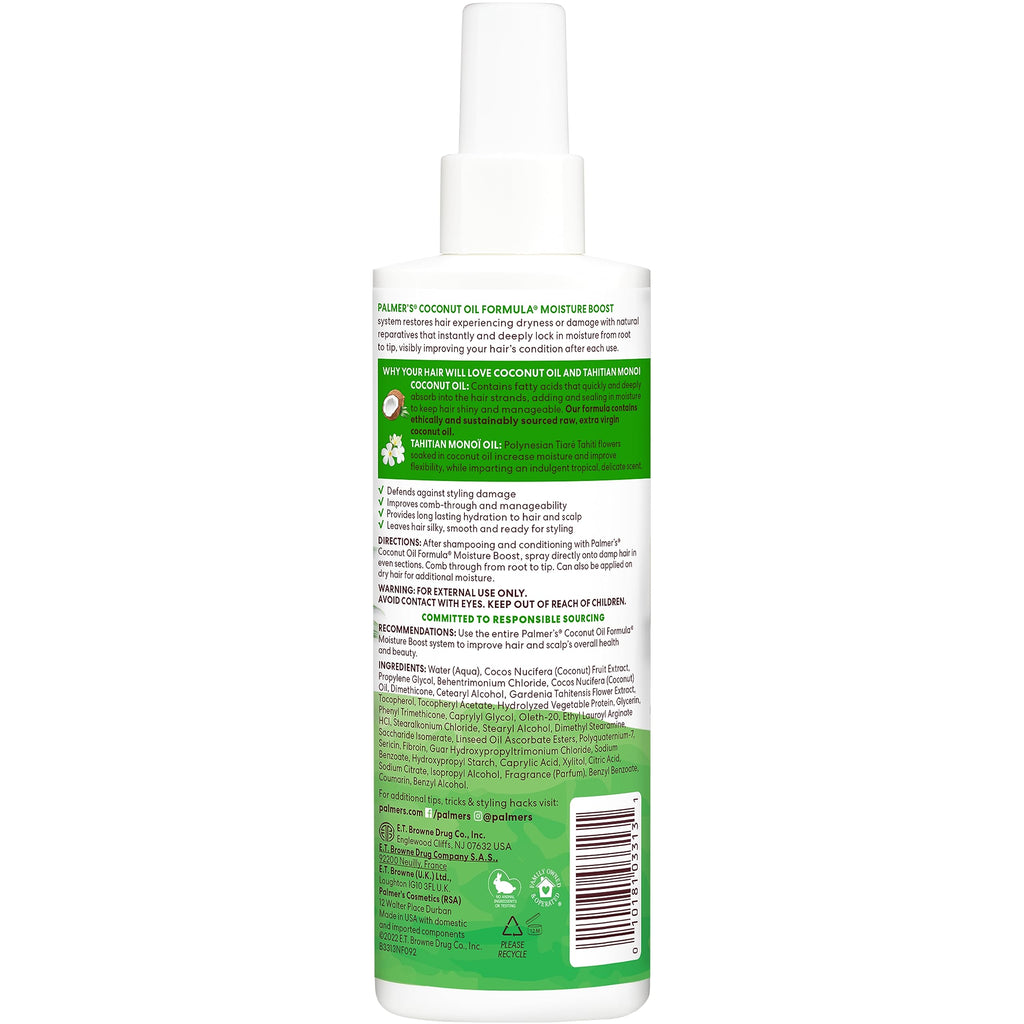Palmer's Leave-In Conditioner Spray, Coconut Oil Moisture Boost (8.5 Oz) | Moisture Boost Style Protectant for Dry, Damaged Hair, Instantly Detangles, Hydrates & Strengthens Textured & Curly Hair