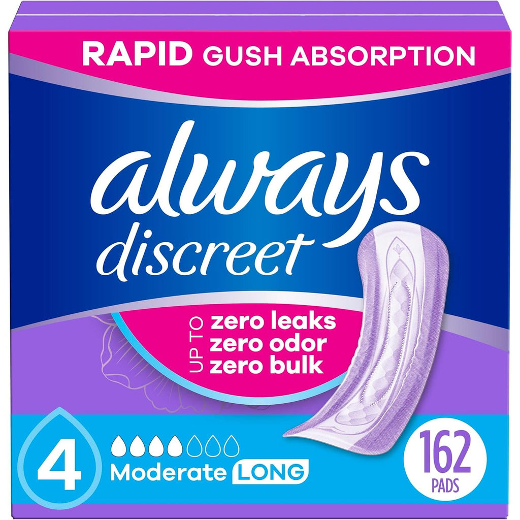 Buy now Always Discreet Adult Incontinence Pads for Women, Moderate Absorbency, Long Length, Postpartum Pads, 162 Count (3 Packs of 54) 4-drop 162 at indiglob india