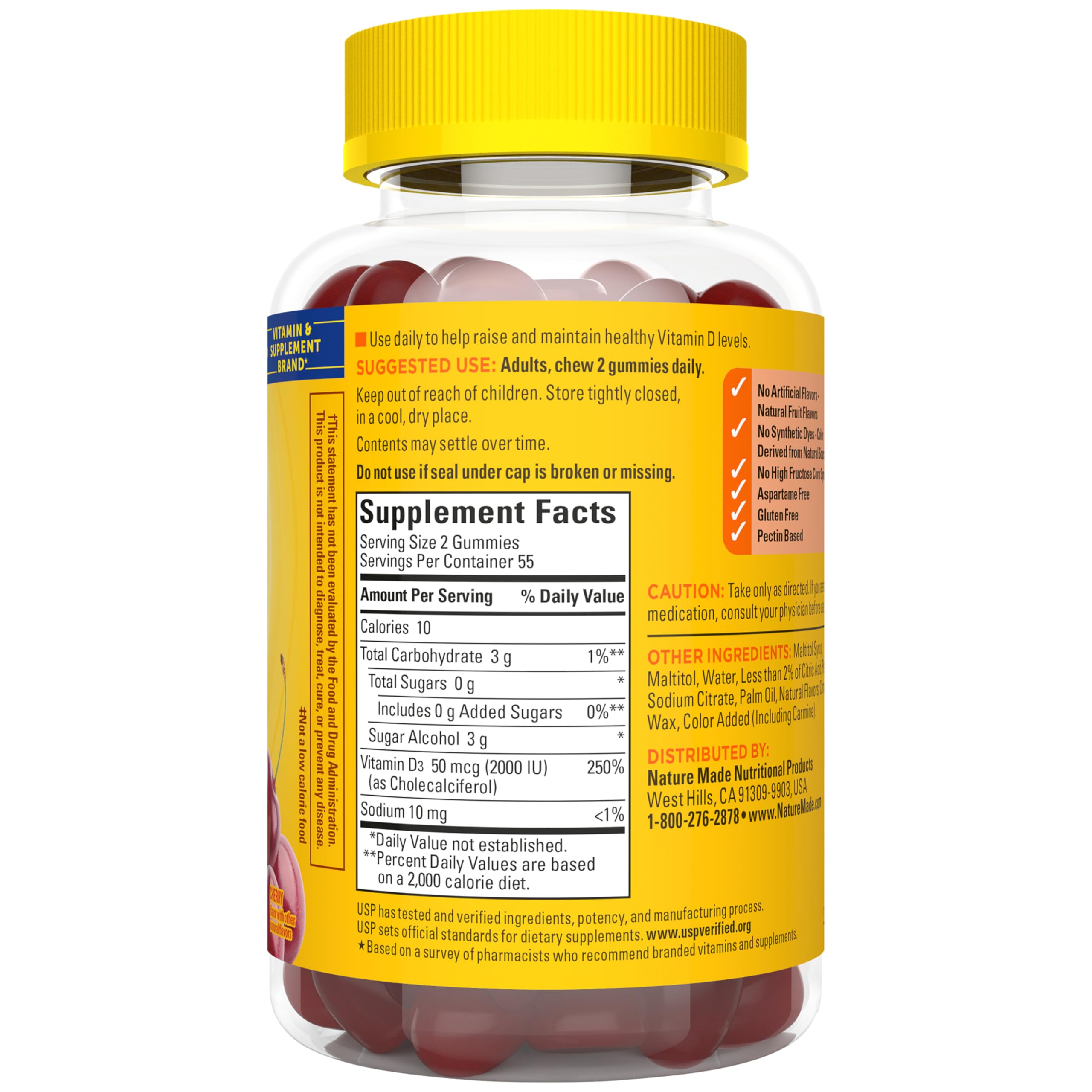 Nature Made Zero Sugar Vitamin D3 Gummies, 110 Vitamin D Gummies | Vitamin D3 2000 IU (50 mcg) per Serving, for Bone and Immune Health Support, Aspartame Free, Cherry Flavor, 55 Day Supply