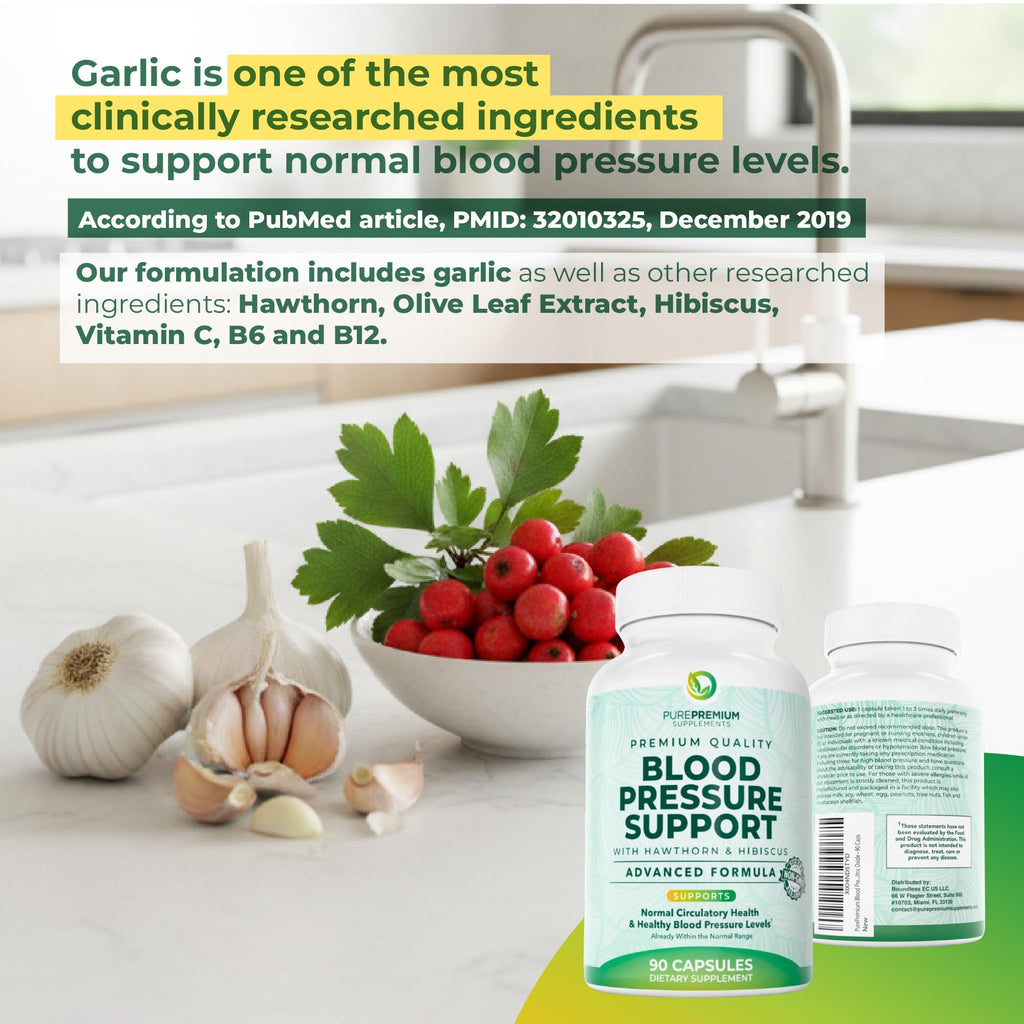 PurePremium Blood Pressure Supplements with Hawthorn Berry, Hibiscus - 90ct | Garlic & Vitamin B12 - Nitric Oxide Supplement for Normal Heart Health, Circulation Health & Blood Pressure Support, USA Made
