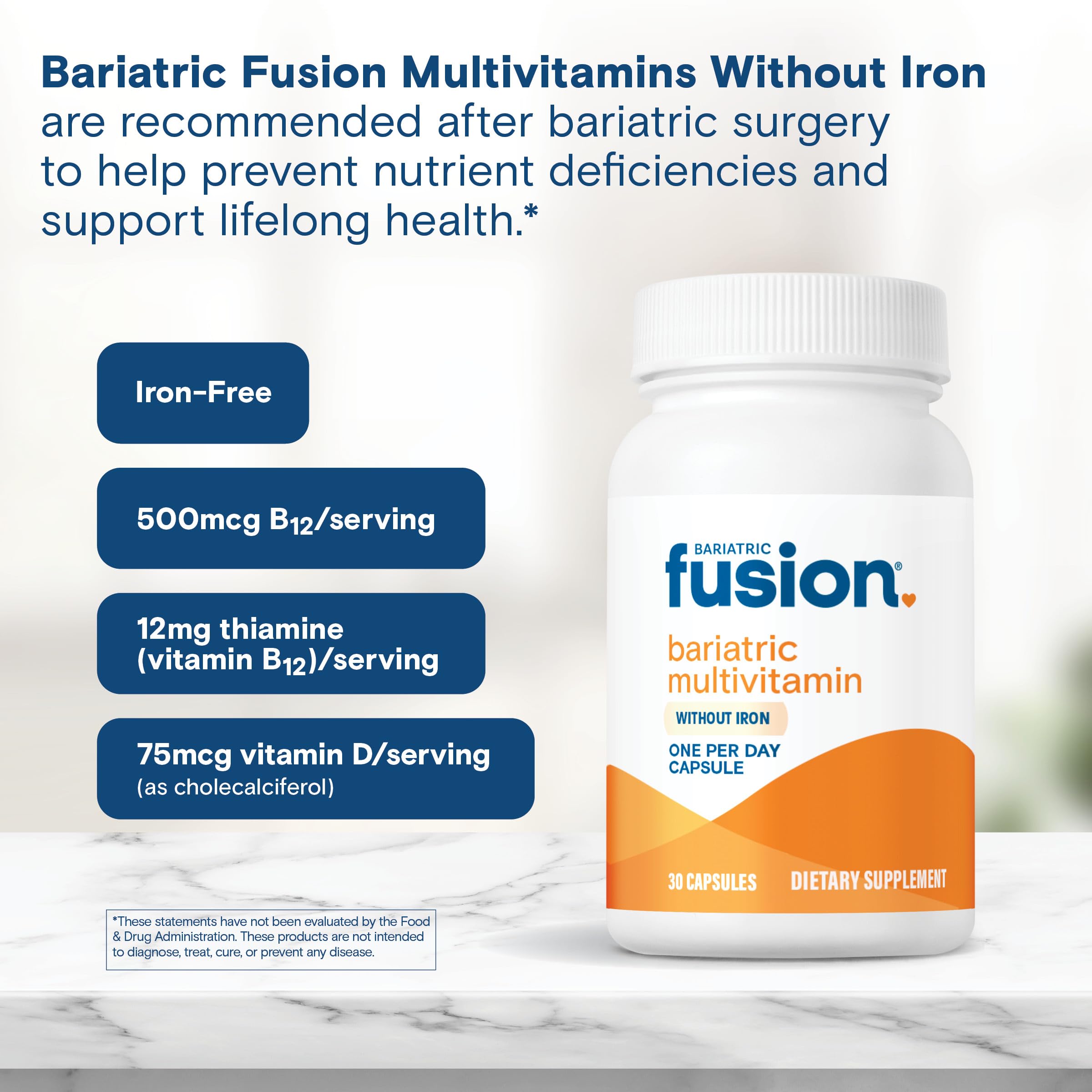 Bariatric Fusion Bariatric Multivitamin Without Iron | 1 Per Day | Post Surgery Patients | Iron Free Vitamin for Gastric Bypass and Sleeve Gastrectomy | Easy to Swallow Capsules | One Month Supply