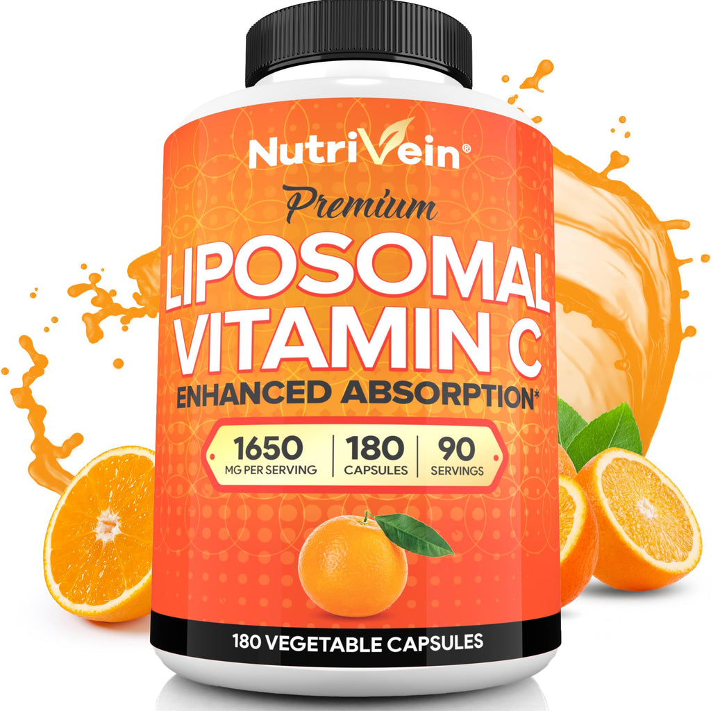 Nutrivein Liposomal Vitamin C Supplement 1650 mg - 180 Capsules, High Dose | High-absorption liposomal delivery for men and women. Supports whole-body defenses, skin, and overall well-being. Non-GMO.