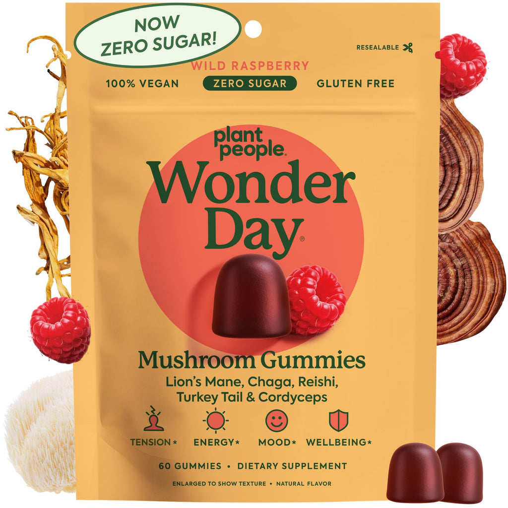 Plant People WonderDay Mushroom Gummies for Energy, Raspberry, 60ct | Chaga Mushroom Supplement to Support Immune System De-Stress Boost Mood & Energy in Adults Natural, Vegan, Non-GMO