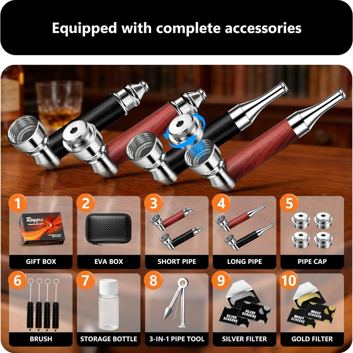 roygra 4PCS Tobacco Pipe Set, Complete Smoking Accessories, Wooden Texture