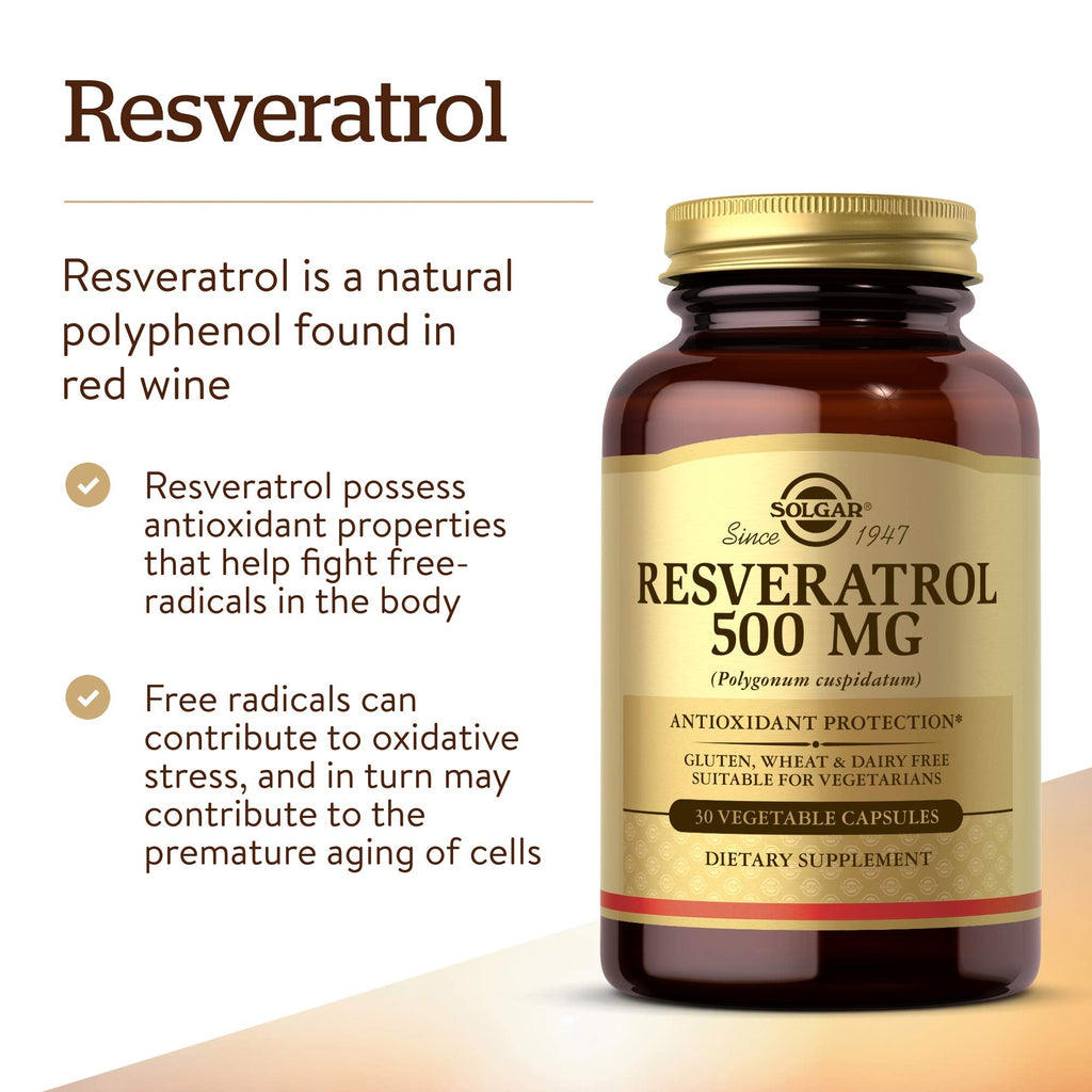 Buy now Solgar Resveratrol 500 mg, 30 Vegetable Capsules - Antioxidant Protection - Gluten Free, Dairy Free - 30 Servings at indiglob india
