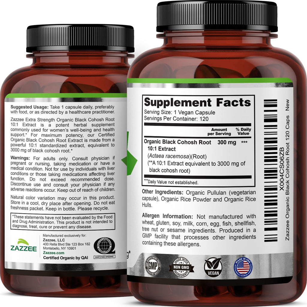 Zazzee USDA Organic Black Cohosh 10:1 Extract, 120 Vegan Capsules | 4 Month Supply, Actaea Racemosa, Women’s Health & Hormonal Balance Support, All-Natural, Non-GMO, Made in the USA