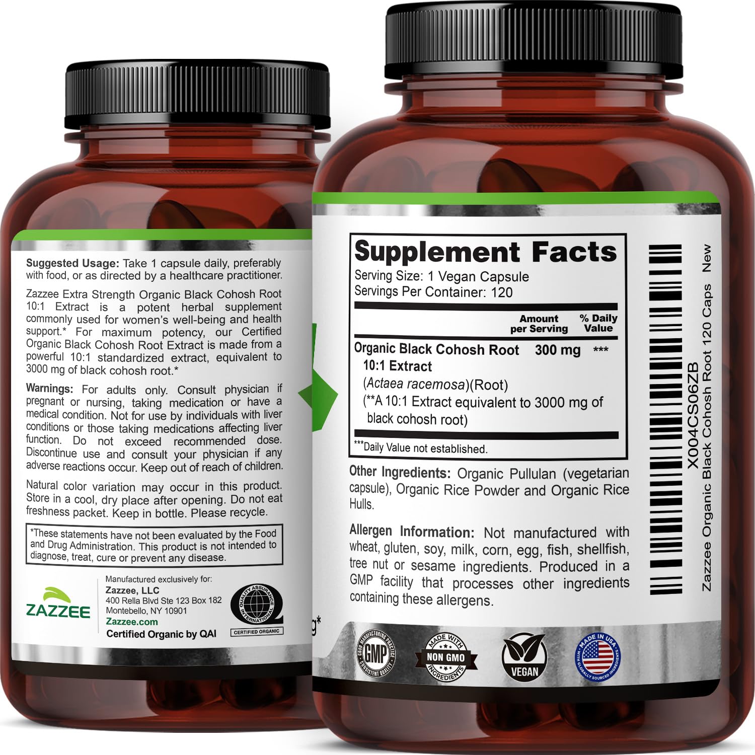 Zazzee USDA Organic Black Cohosh 10:1 Extract, 120 Vegan Capsules | 4 Month Supply, Actaea Racemosa, Women’s Health & Hormonal Balance Support, All-Natural, Non-GMO, Made in the USA