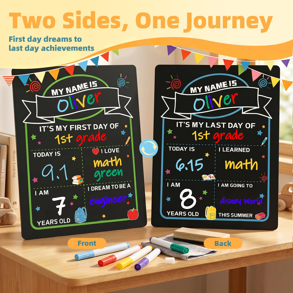 VUSIGN First Day of School Sign, Double-Sided Chalkboard with 5 Markers