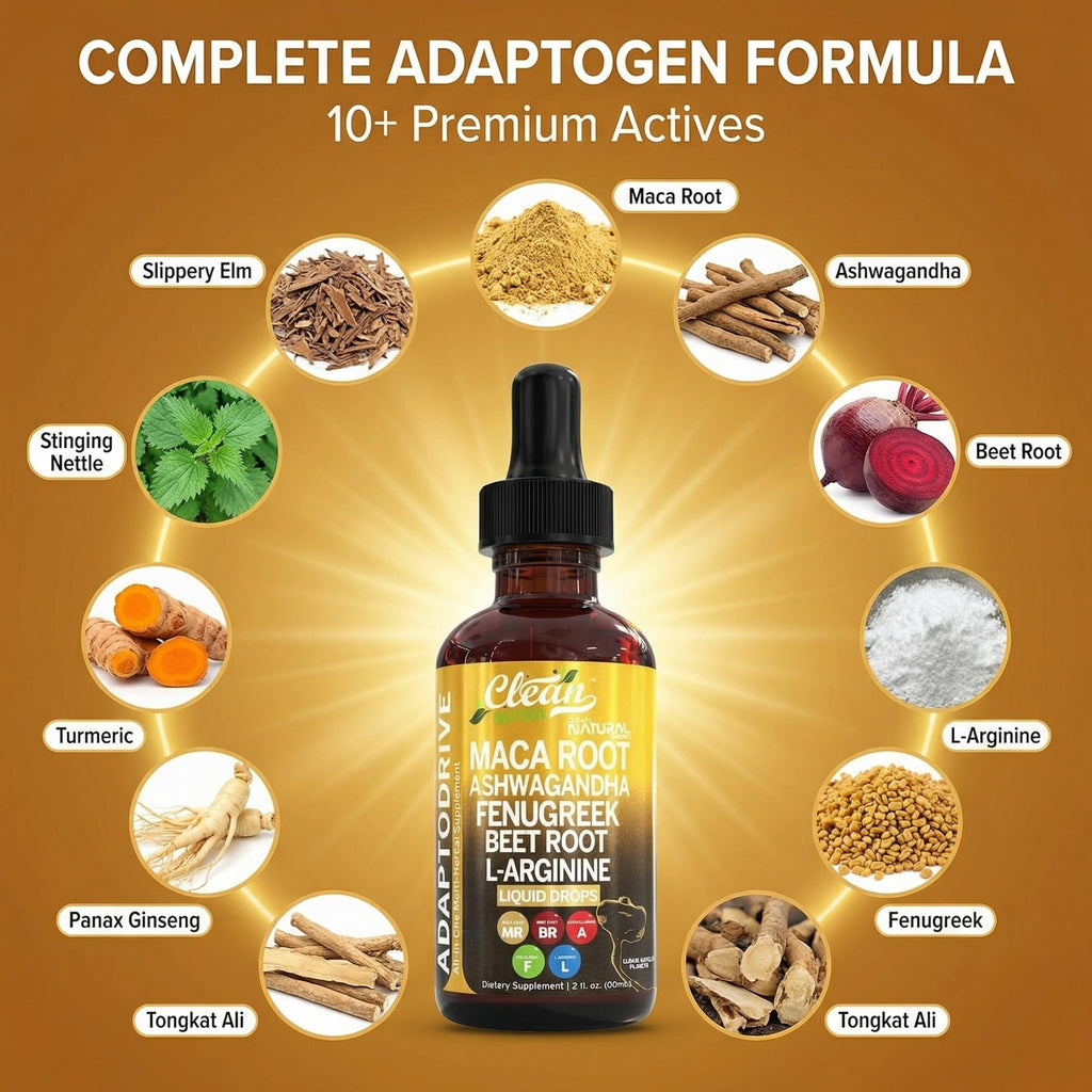 Clean Nutra Organic Maca Root Liquid Drops with Ashwagandha, Fenugreek, Beet Root and L-Arginine Liquid Multivitamin for Women and Men - Adapto Drive