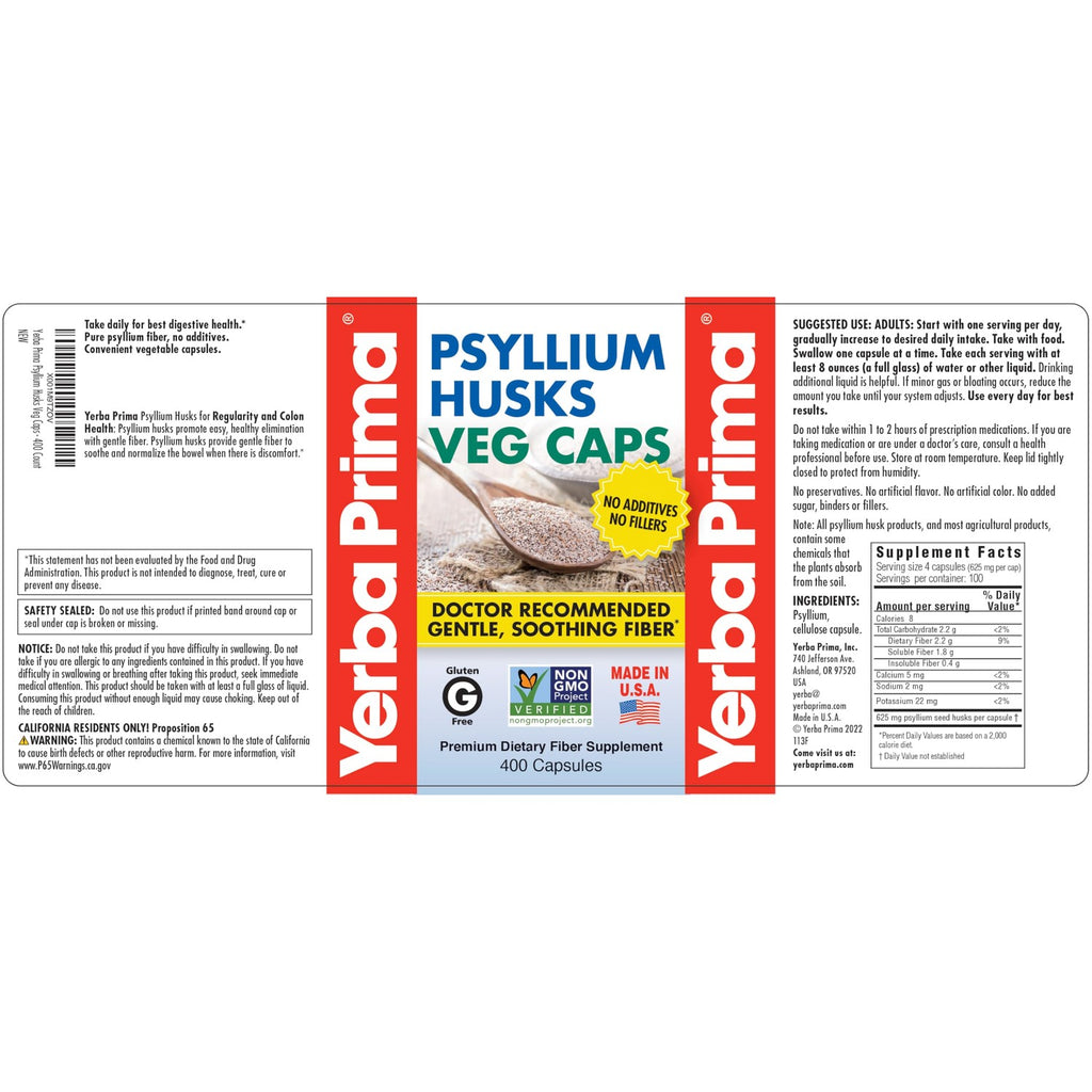 Yerba Prima Psyllium Husks Veg Caps, 400 Capsules (625mg) - Vegan, Non-GMO, Gluten Free, Colon Cleanser, Daily Fiber Supplement for Gut Health & Regularity