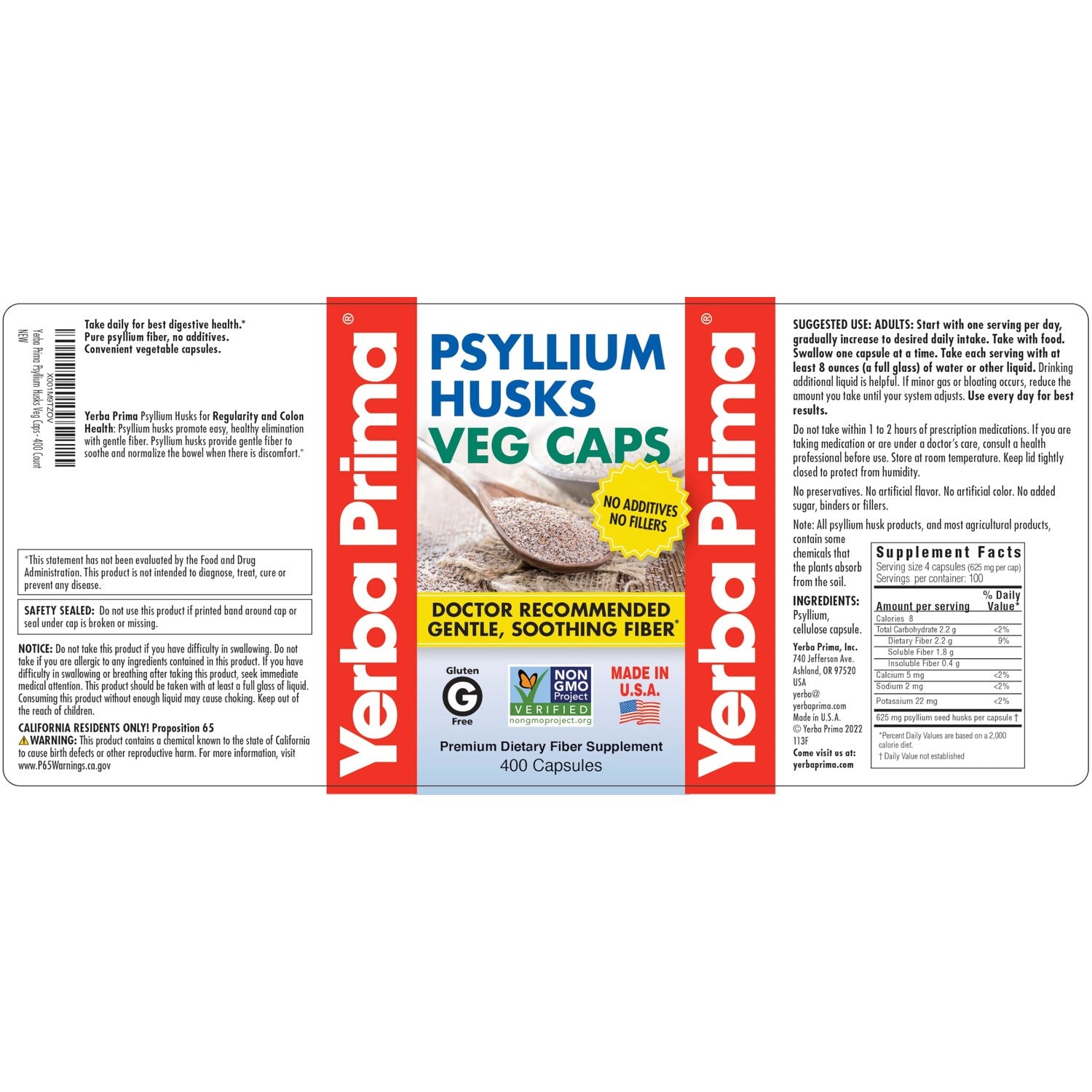 Yerba Prima Psyllium Husks Veg Caps, 400 Capsules (625mg) - Vegan, Non-GMO, Gluten Free, Colon Cleanser, Daily Fiber Supplement for Gut Health & Regularity