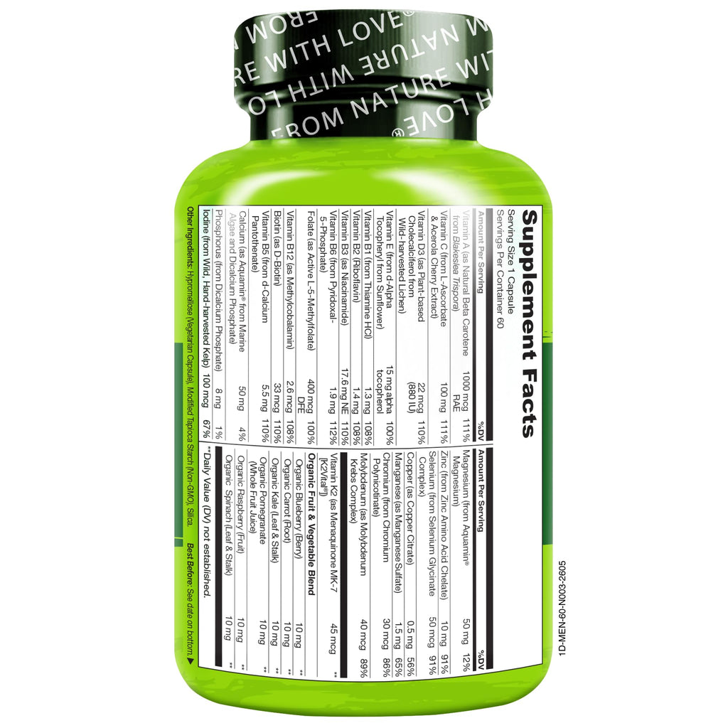 NATURELO Multivitamin for Men - One Daily, 60 Vegetarian Capsules | Vitamins, minerals & organic whole foods, non-GMO