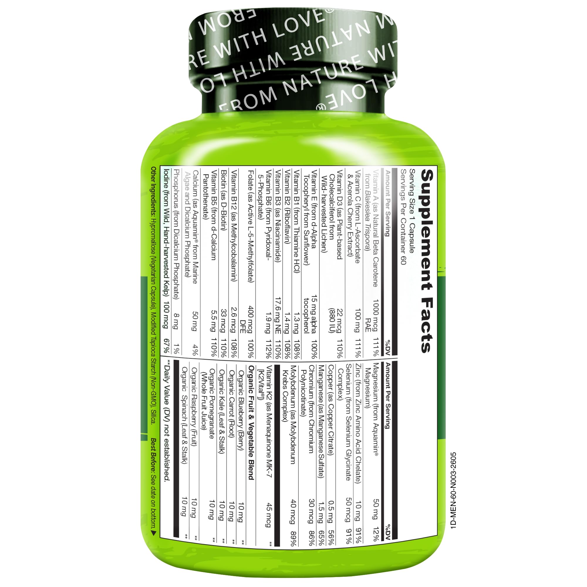 NATURELO Multivitamin for Men - One Daily, 60 Vegetarian Capsules | Vitamins, minerals & organic whole foods, non-GMO