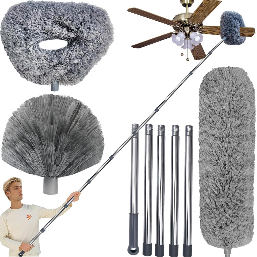 Tonmp 3 Pack 20+ Feet High Reach Grey Microfiber Feather Duster with 3-14 ft Spliceable Pole Cobweb Duster for Cleaning Fan, Spider Web, High Ceiling, Blinds, Furniture Cleaning Tool Kit, Gray