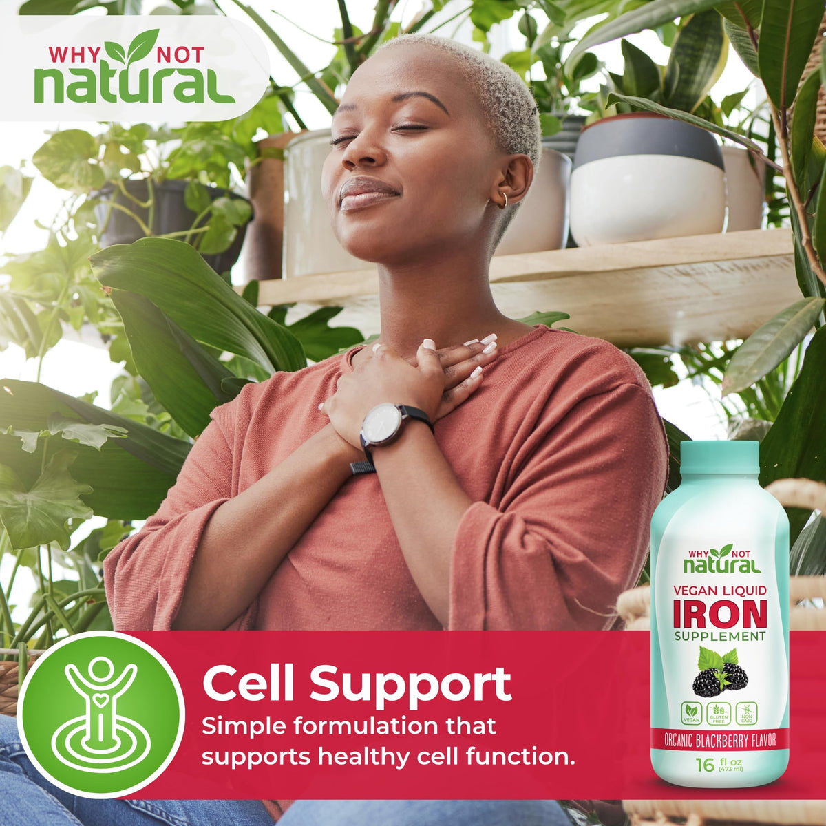 Why Not Natural Liquid Iron Supplement for Women, Men and Kids, Vegan Formulation for Anemia, Sugar Free, Vegan, Non-GMO, Organic BlackBerry Flavor 16 Fl Oz