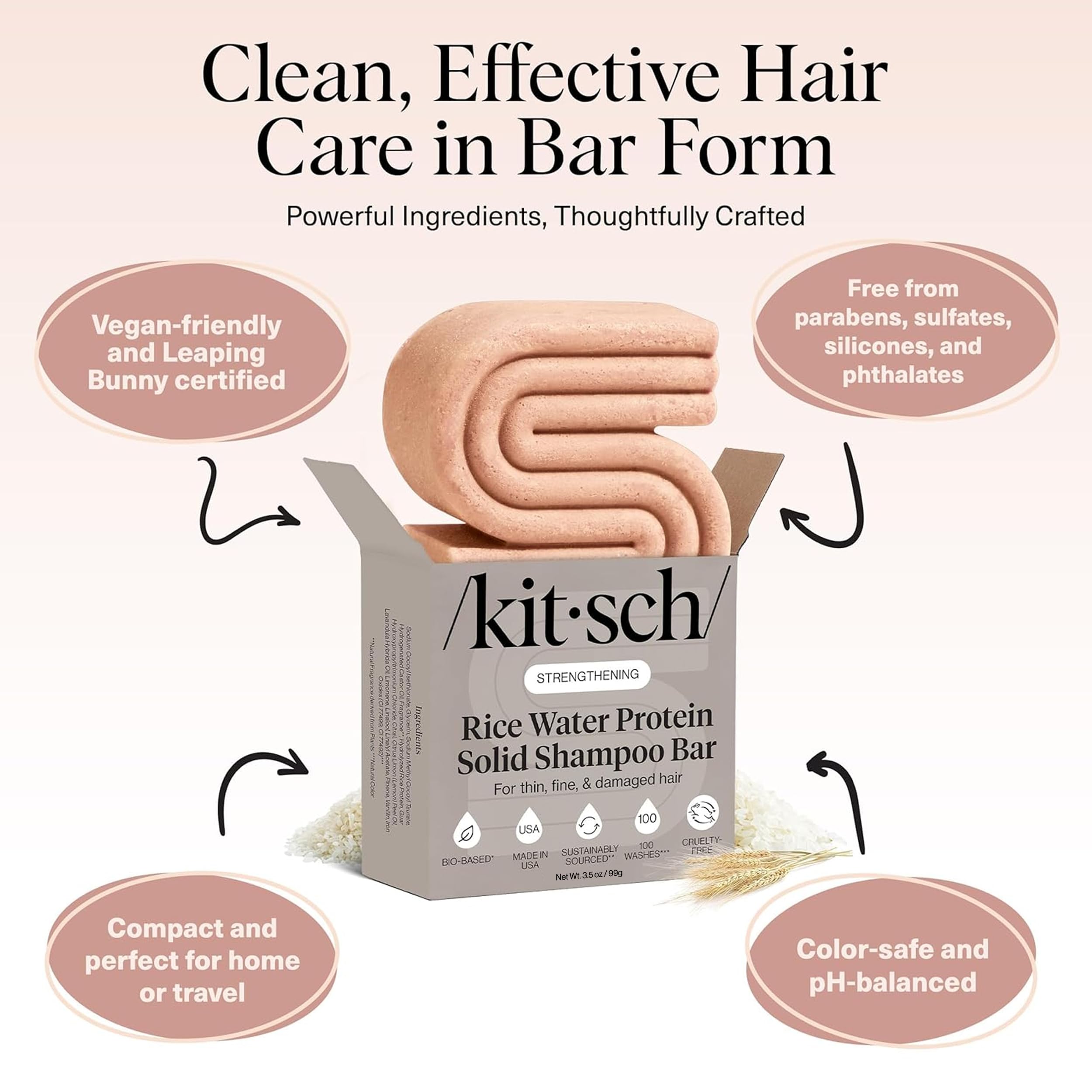 Kitsch Rice Water Shampoo Bar Soap for Hair Growth – Made in USA, 3.5 oz | Strengthening Hair Shampoo for Women & Men – Reduce Breakage, Boosts Shine – Paraben, Silicone & Sulfate-Free Hair Care