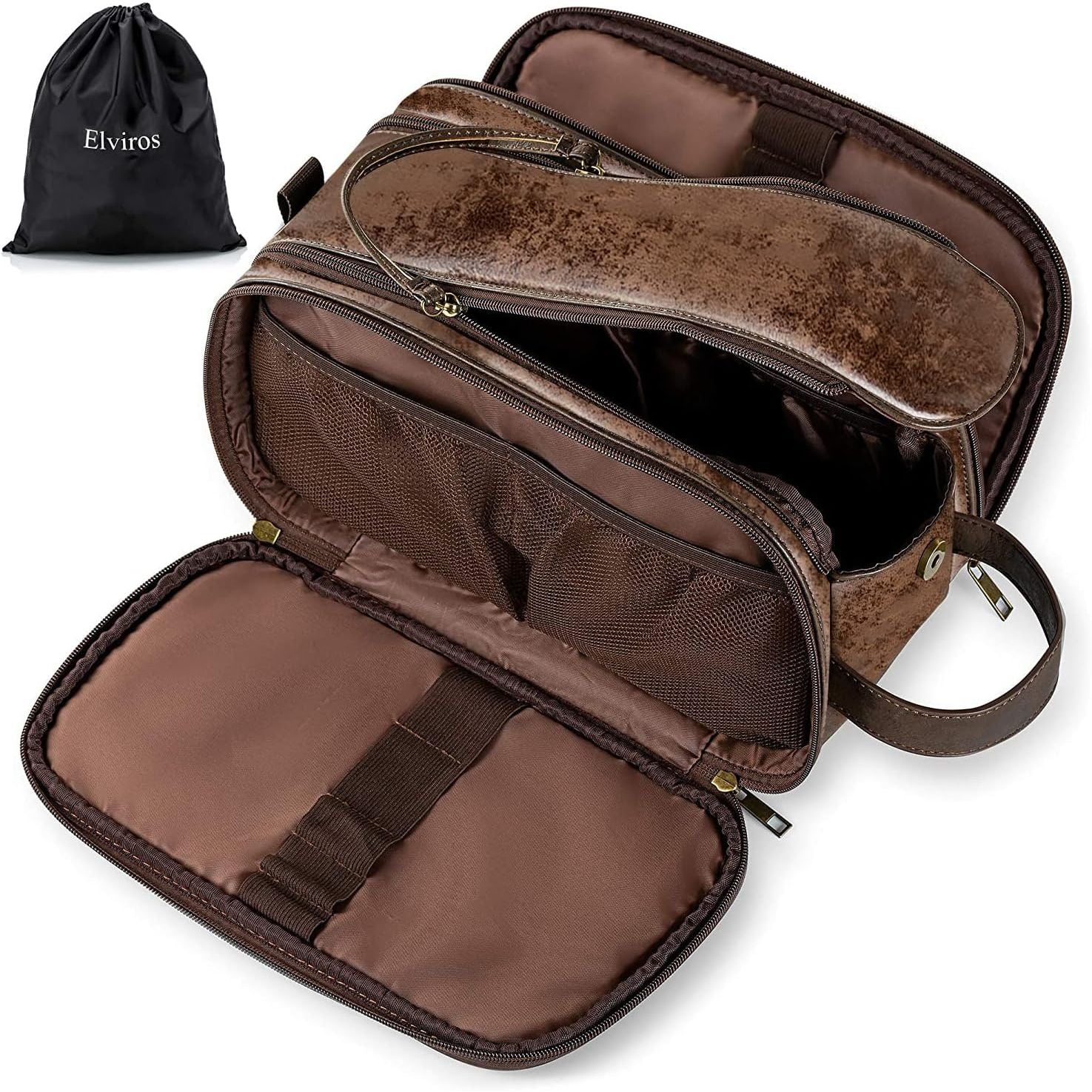 Buy now Elviros Toiletry Bag for Men, Large Travel Shaving Dopp Kit Water-resistant Bathroom Toiletries Organizer PU Leather Cosmetic Bags Large (Pack of 1) Dark Coffee at indiglob india