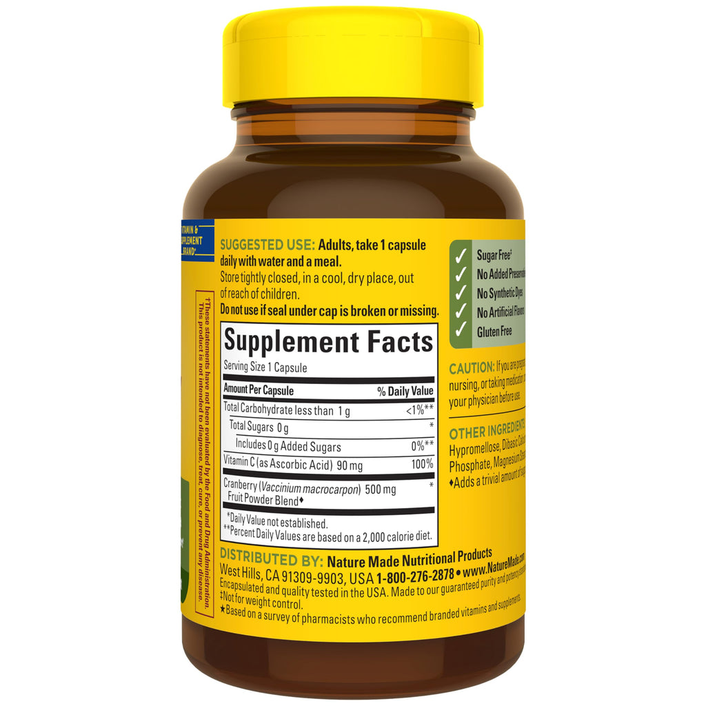Nature Made Cranberry Supplement 500mg with Vitamin C, 60 Capsules | Cranberry Blend for Urinary Tract Health, For Immune & Antioxidant Support, Gluten Free, One Per Day, 60 Day Supply