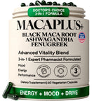 Organic Black Maca Root, 40:1 Extract, Ashwagandha & Fenugreek, 60ct | Energy, Stamina, Mood & Healthy Testosterone Support: Peruvian 3-in-1 Adaptogen Formula