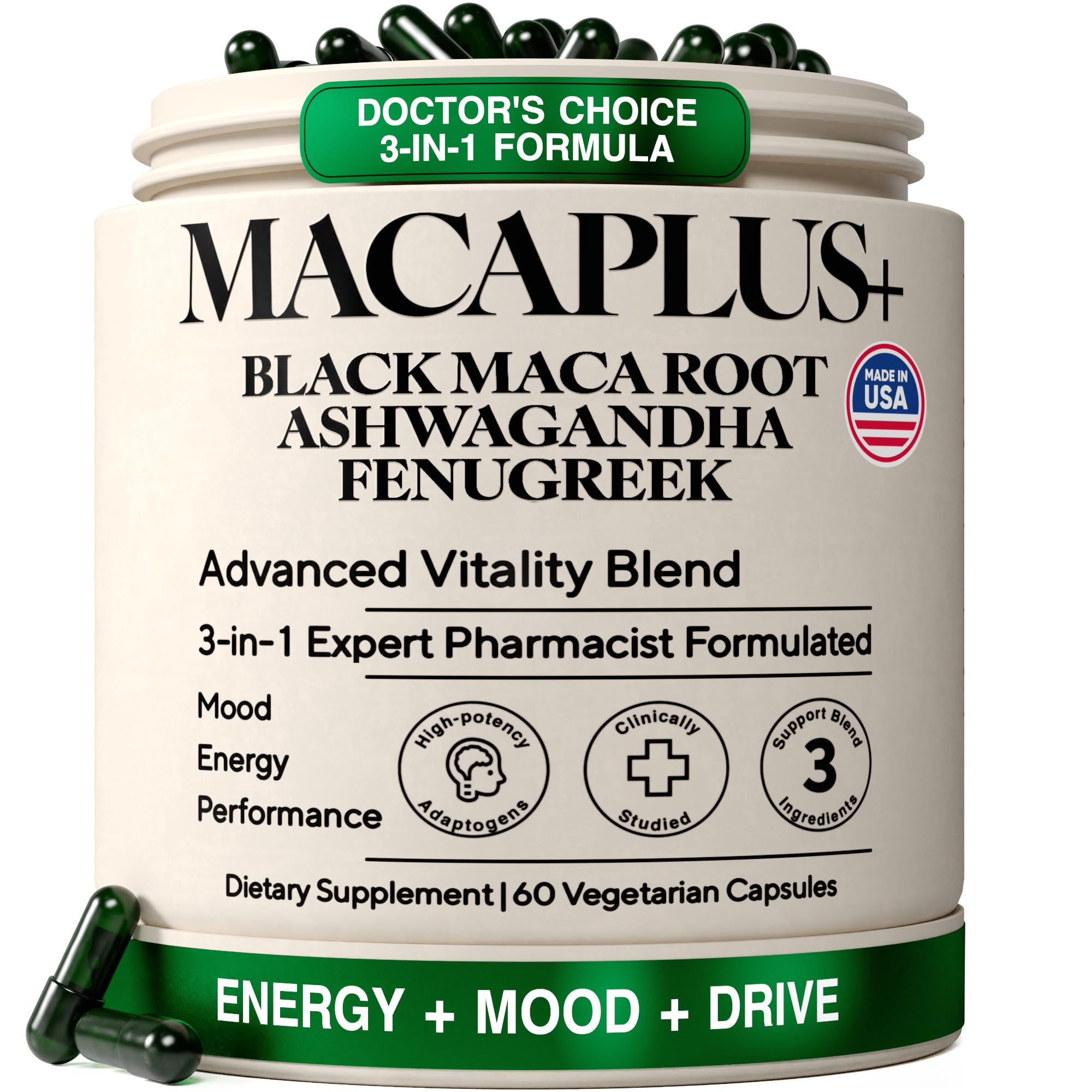 Organic Black Maca Root, 40:1 Extract, Ashwagandha & Fenugreek, 60ct | Energy, Stamina, Mood & Healthy Testosterone Support: Peruvian 3-in-1 Adaptogen Formula