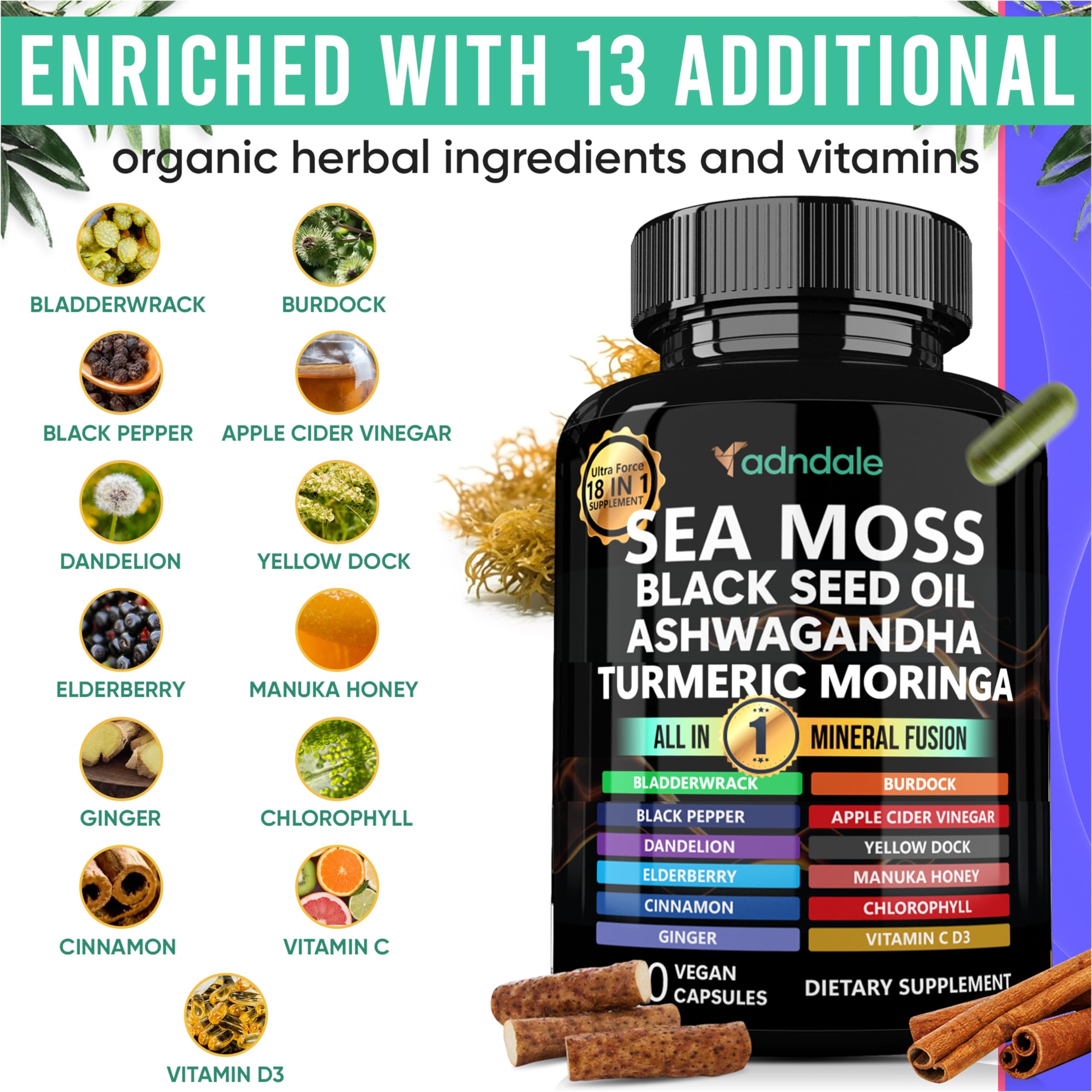 Adndale Sea Moss Capsules - Sea Moss Blend with Ashwagandha, Turmeric & Black Seed Oil - 90 Count