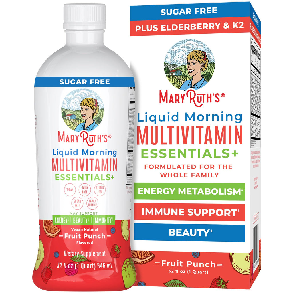 MaryRuth's Liquid Morning Multivitamin Essentials+, 2 Flavors, Vegan, 32oz | Vitamin A C D E B6 B12 Biotin Zinc, Mens Womens Multivitamin, Immune Support, Beauty, Sugar Free, Vegan, Ages 1+