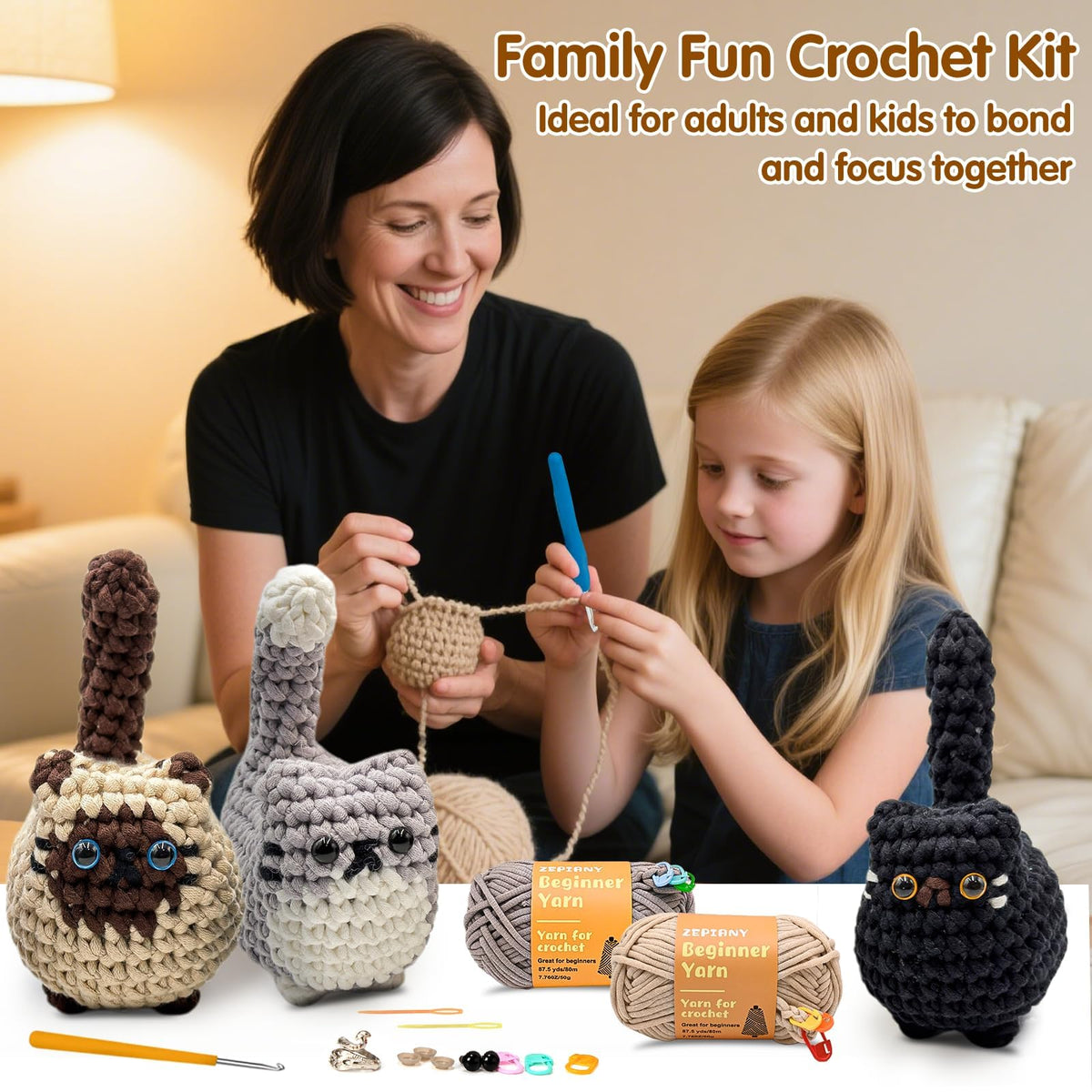 Zepiany Crochet Kit for Beginners Crochet Cat Beginner Crochet Kit for Adults Amigurumi Crochet Animals Cat Crafts Hobby Crochet Kits Easy Knitting Kit