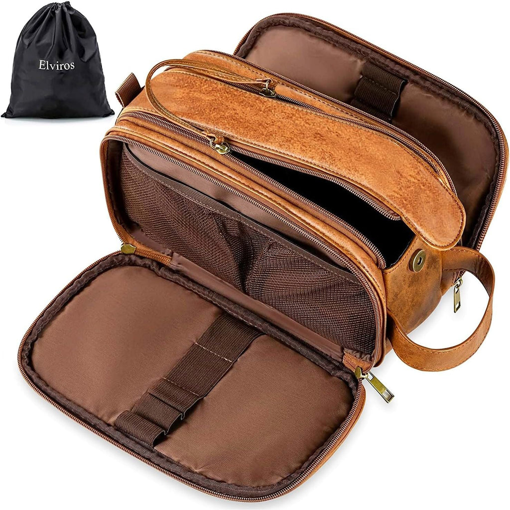 Buy now Elviros Toiletry Bag for Men, Large Travel Shaving Dopp Kit Water-resistant Bathroom Toiletries Organizer PU Leather Cosmetic Bags Large (Pack of 1) Brown at indiglob india
