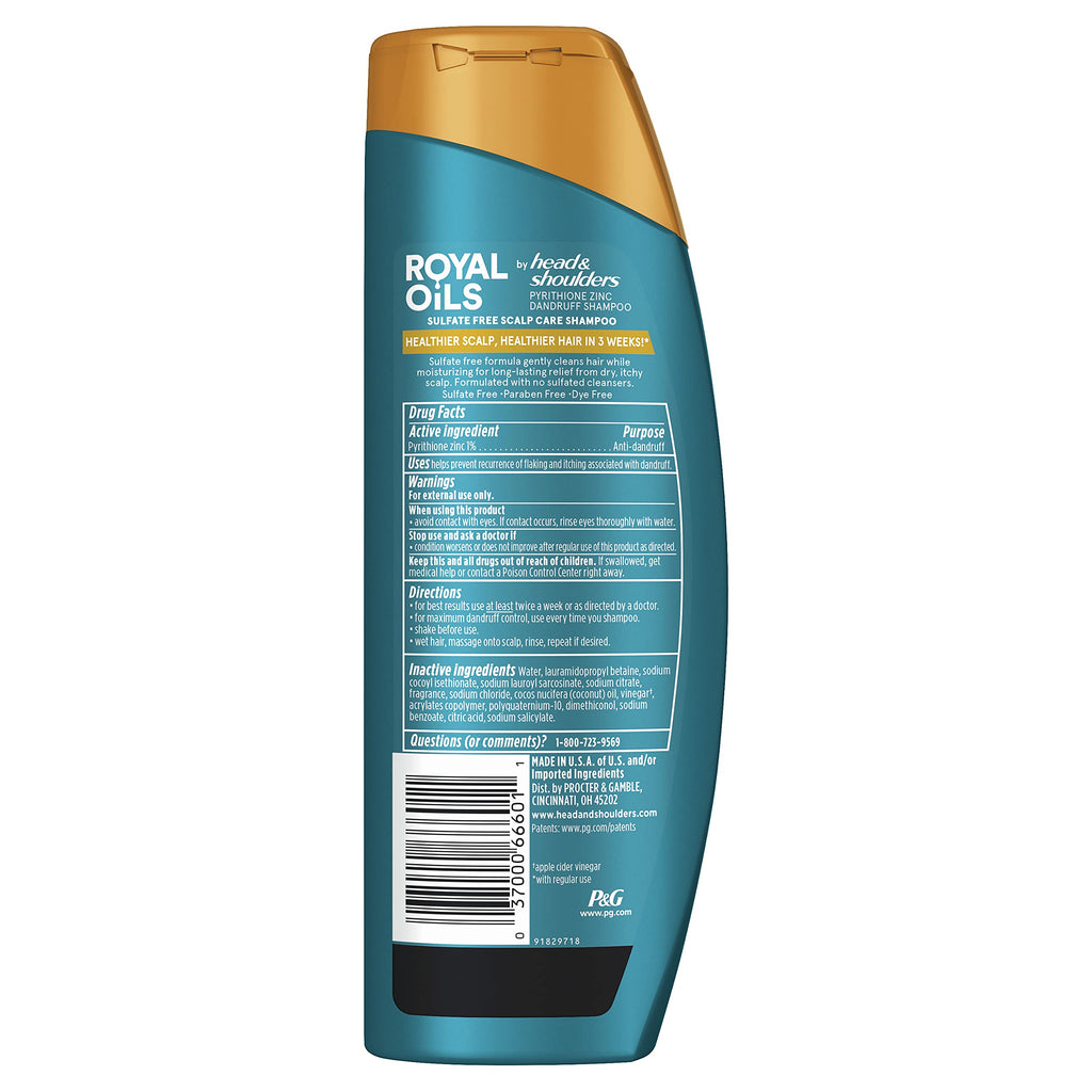 Head & Shoulders Anti-Dandruff Shampoo, Royal Oils Moisturizing Shampoo, 1% Pyrithione Zinc, Curly & Coily Hair, Coconut, Apple Cider Vinegar, Sulfate-Free, 12.8 fl oz