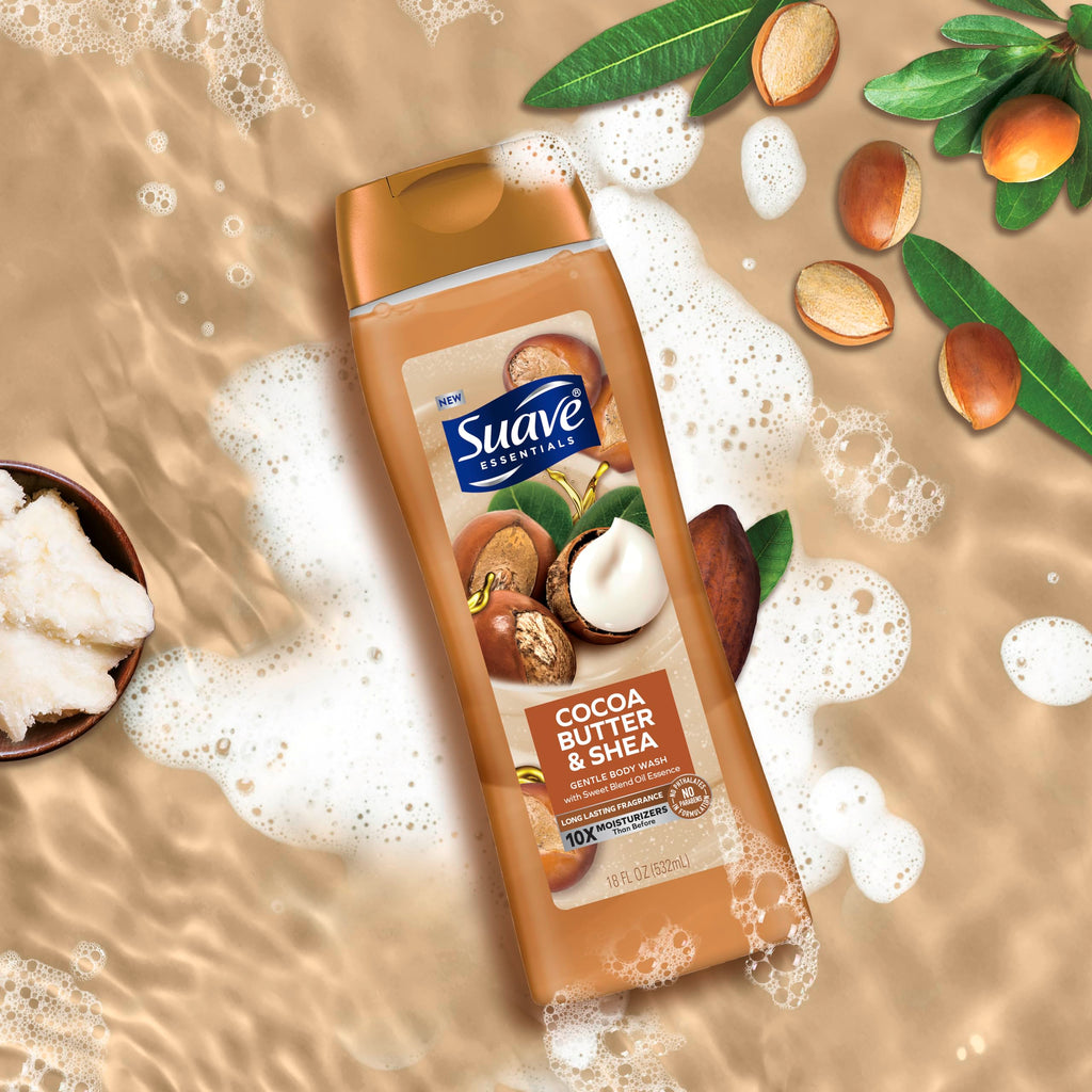 Suave Moisturizing Body Wash, Cocoa Butter and Shea with Vitamin E Extract, No Parabens, No Phtahaltes, 18 Oz (Pack of 12)