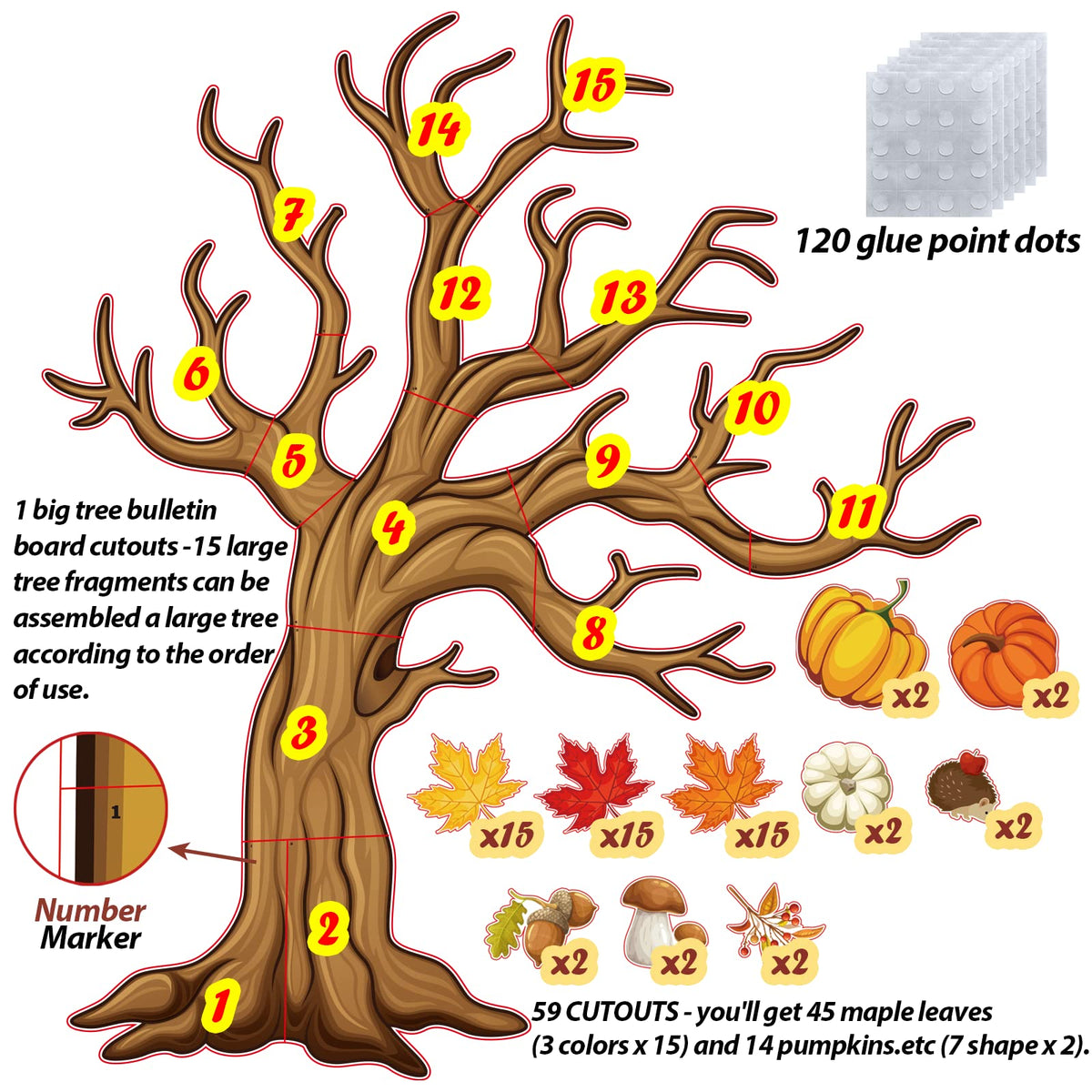 4Ft Big Tree Bulletin Board Set Spring Fall Summer Tree Bulletin Board Decoration with Maple Leaves Butterflies Pumpkins Cutouts for Classroom Home Chalkboard Wall Decoration, 74Pcs (Maple Leaves)