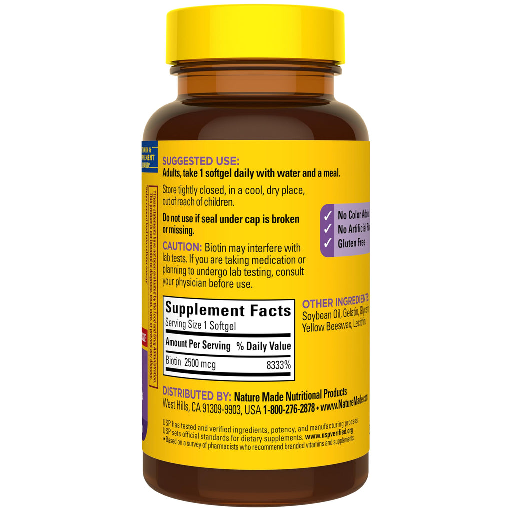 Nature Made Biotin 2500 mcg Extra Strength, 150 Softgels | Biotin Supplements for Women and Men to Support Healthy Hair Skin and Nails for Those Low in Biotin, 150 Day Supply