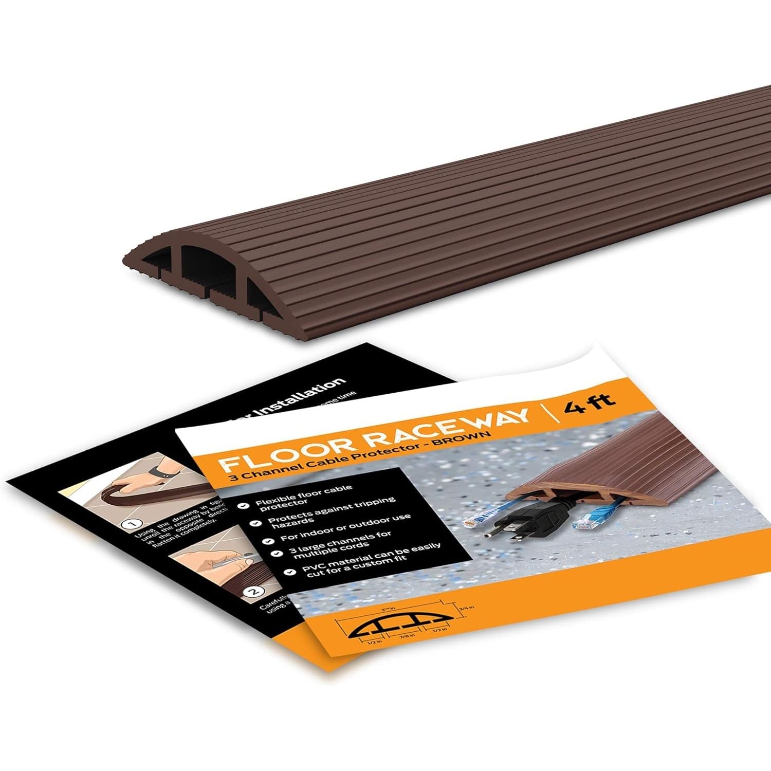 Buy now 4-Foot Cord Cover - Floor Cable Management Kit for Indoor or Outdoor Use - 3-Channel Cable Raceway for Sidewalks or Walkways by Simple Cord (Brown) at indiglob india