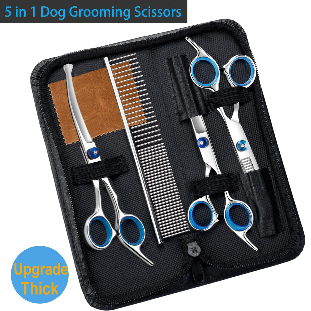 5 in 1 Upgraded Thicken Dog Grooming Scissors, Professional Dog Scissors for Grooming with Safety Round Tips, Lengnoyp Stainless Steel Thinning Shears, Pet Cat Shears for Grooming Kit
