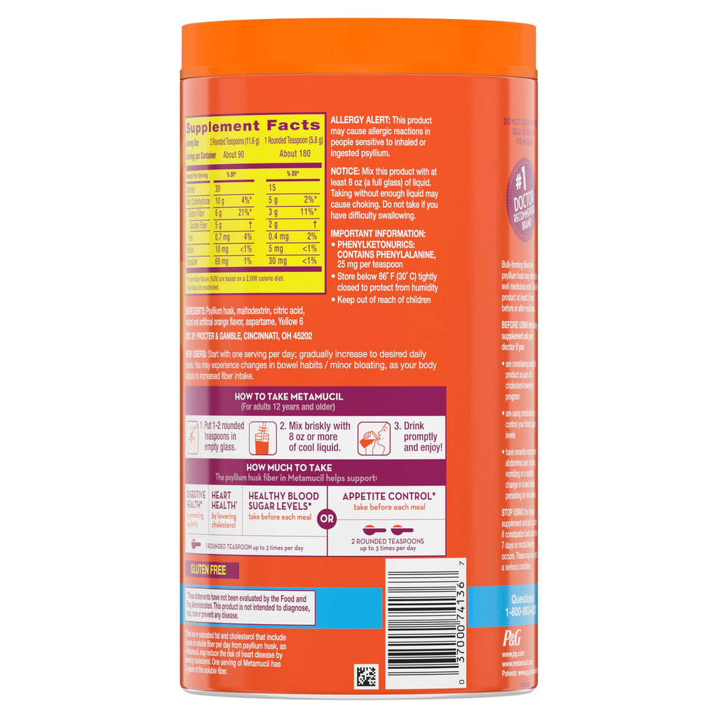 Metamucil 4-in-1 Psyllium Husk GLP-1 Friendly Fiber Supplement, Sugar-Free, 180 teaspoons, Orange Flavored, Daily Fiber Powder for Digestive Health, made with Plant-Based Psyllium Husk Fiber
