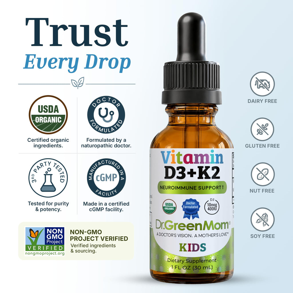 Dr. Green Mom Liquid Vitamin D 3 K2 Drops — Babies & Kids — Organic, 400 IU