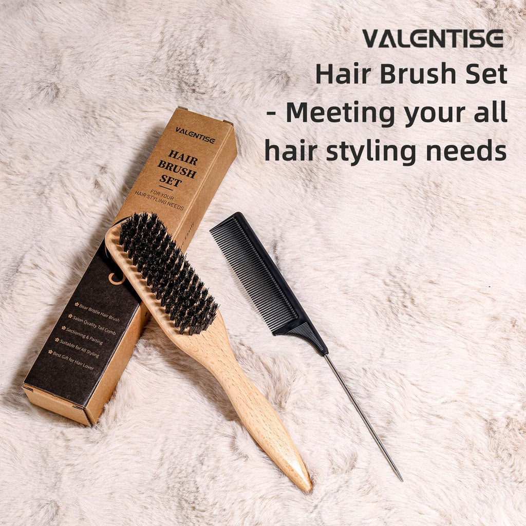 Boar Bristle Slick Back Hair Brush, Teasing Hair Brush with Black Carbon Fiber and Stainless Steel Tail Comb, Slick Hair Brush Set for Parting and Sectioning, Suitable for All Styling