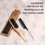 Boar Bristle Slick Back Hair Brush, Teasing Hair Brush with Black Carbon Fiber and Stainless Steel Tail Comb, Slick Hair Brush Set for Parting and Sectioning, Suitable for All Styling