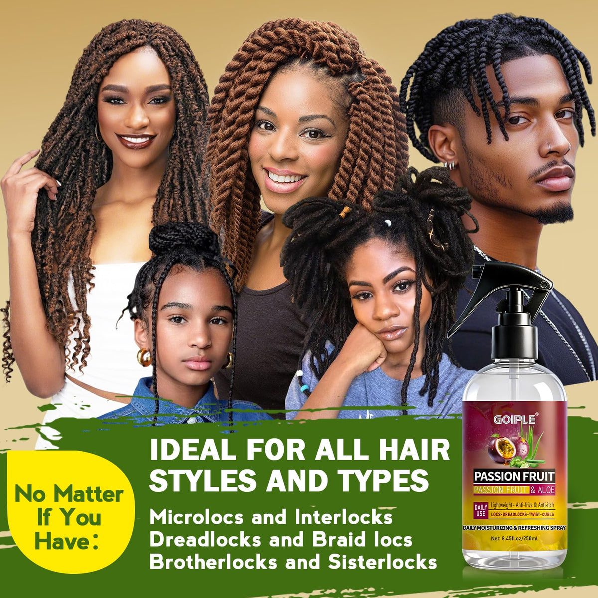 Goiple Loc Moisturizing Spray for Dull, Dry Locs - Daily Passion Fruit Hair and Scalp Moisturizer for Dreadlocks, Microlocks, Braids- Refreshing Moisturizer Loc Spray for Anti-frizz (8.45fl oz)