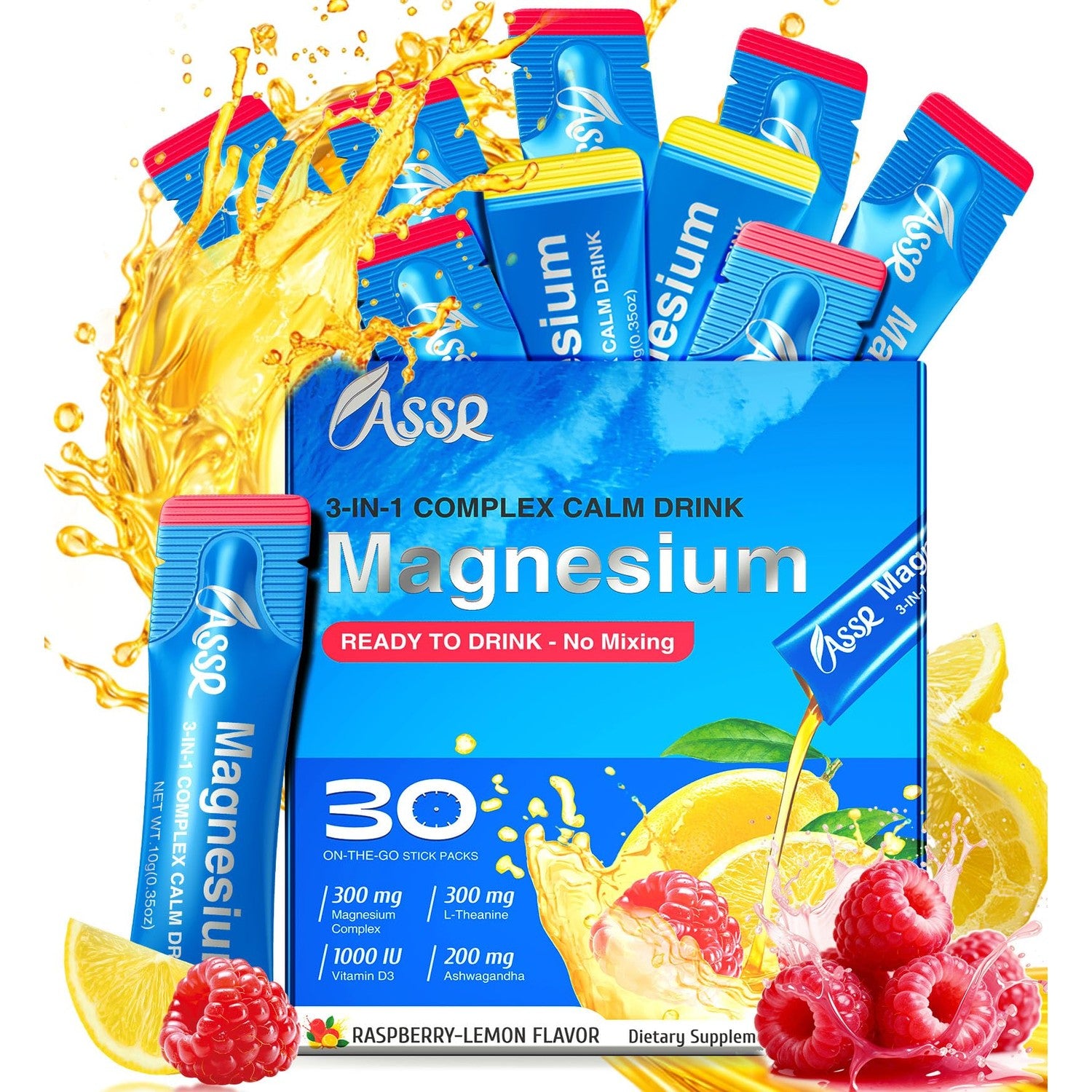 ASSR Supplement Ready to Drink No Mix, Triple Magnesium Glycinate, Malate, Citrate, Ashwagandha, L Theanine, Vitamin D, 25ct