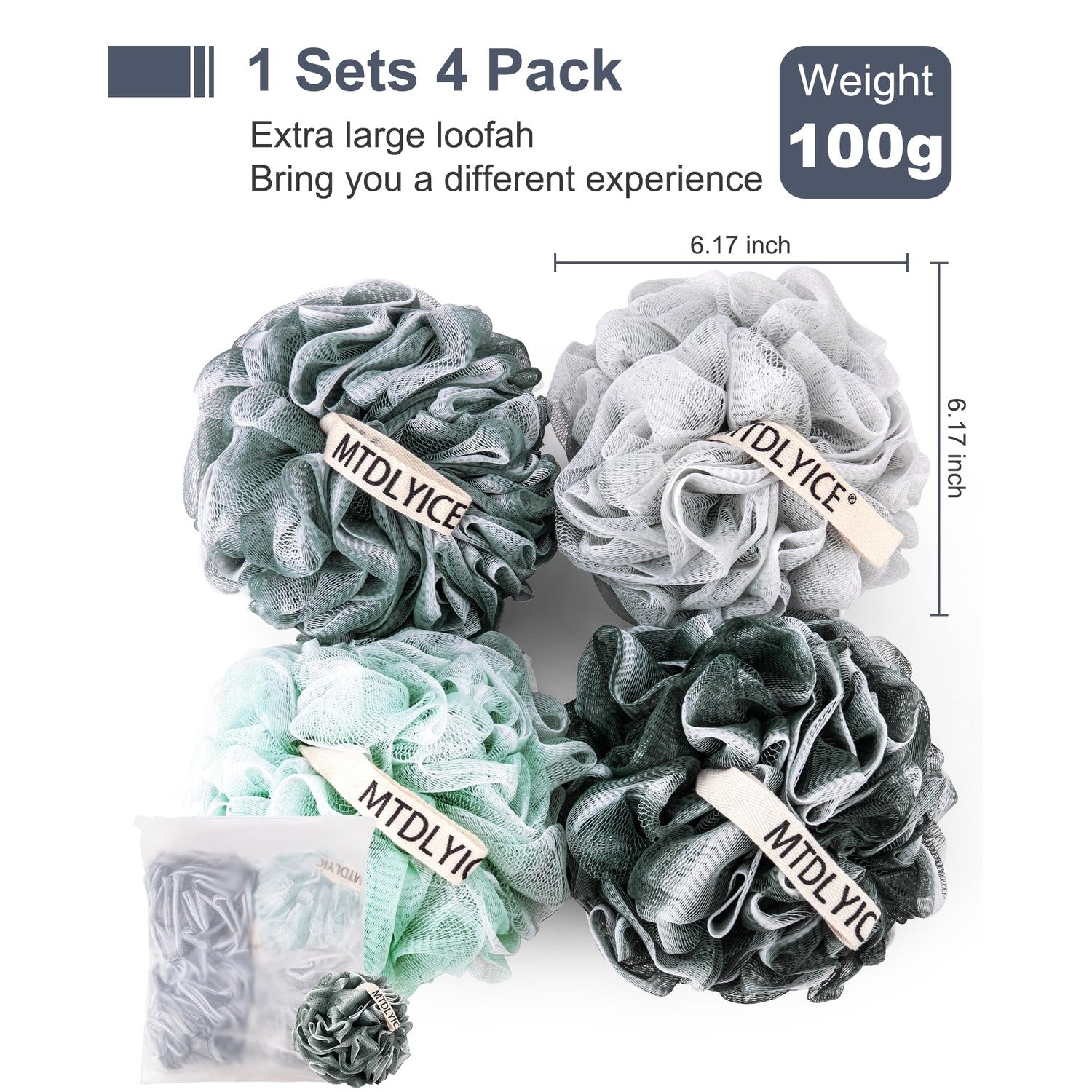 MTDLYICE Loofah Sponge, XXL Large Loofah 100g 4 Pack, Bath Sponge Soft Mesh Shower Loofah for Men, Body Scrub, Shower Pouf Bath Accessories, for Body Wash, Soap (Blue Gray)