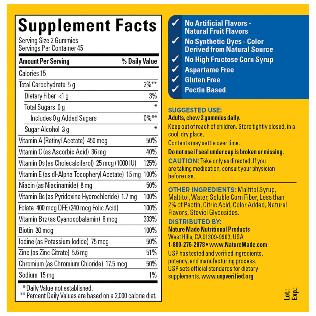 Nature Made Zero Sugar Multivitamin Men's Gummies, 90 Sugar Free Gummies | Men's Multivitamin Gummies for Muscle & Immune Support, Aspartame Free, Cherry Lime Flavor, 45 Day Supply