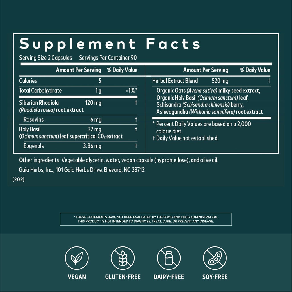 Gaia Herbs Adrenal Health Daily Support - Herbal Supplement with Ashwagandha, Holy Basil & Schisandra - Help Maintain Healthy Energy & Stress Levels* - 180 Vegan Liquid Phyto-Caps (90 Servings)