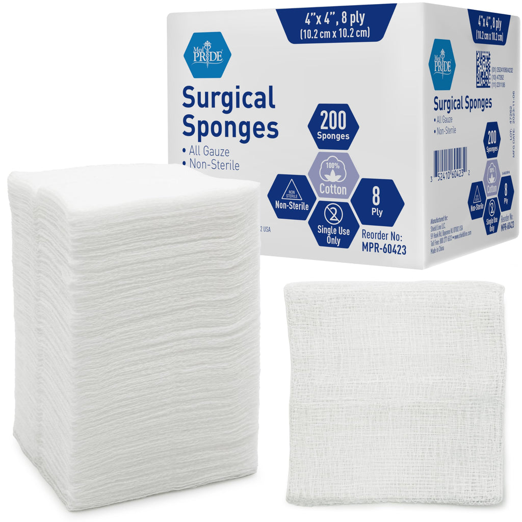 MED PRIDE Surgical Gauze Sponges,4 x 4 in,Non-Sterile,200-Count Pack (4x4 8 Ply)