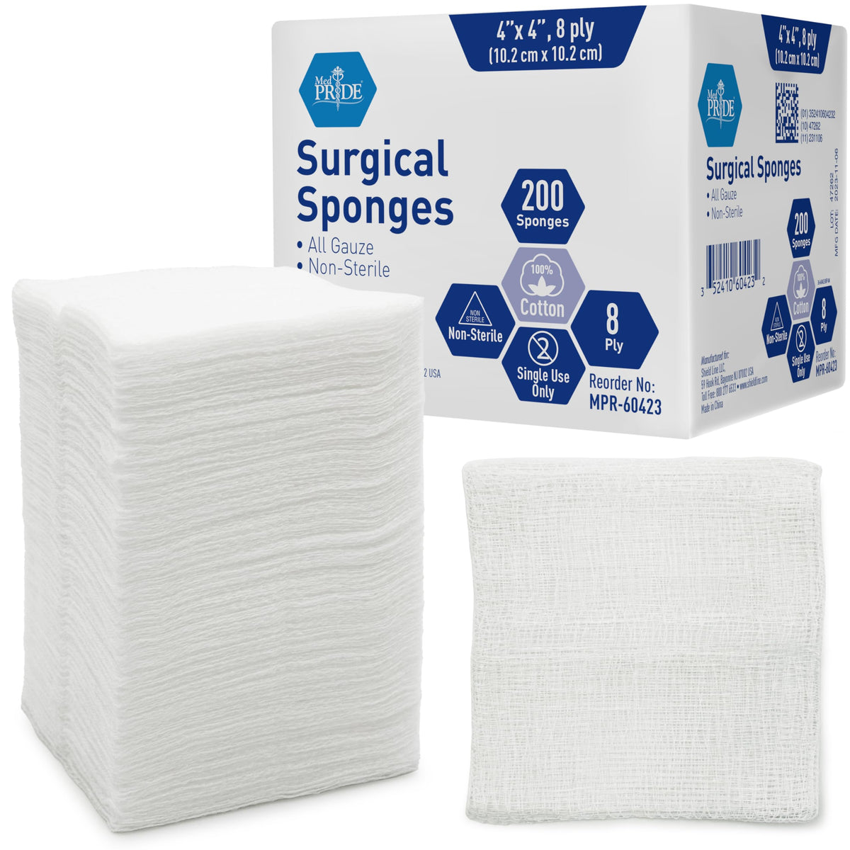 MED PRIDE Surgical Gauze Sponges,4 x 4 in,Non-Sterile,200-Count Pack (4x4 8 Ply)