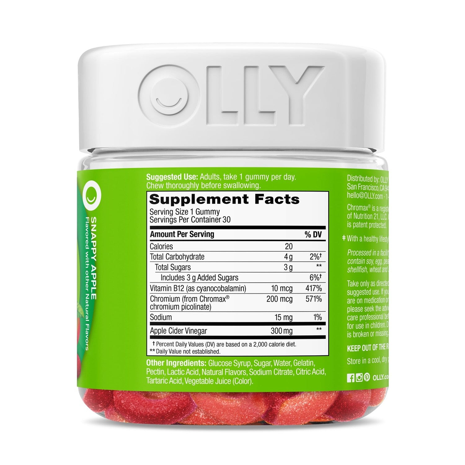 OLLY Metabolism Gummy Rings, Apple Cider Vinegar, Vitamin B12, Chromium, Energy and Digestive Health, Chewable Supplement, Apple Flavor - 30 Count
