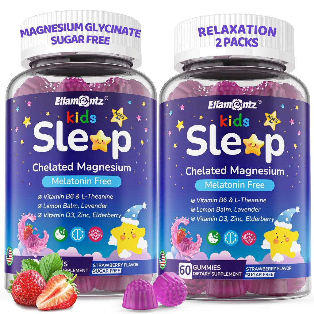 Kids Sleep Gummies, NO Melatonin Sleep Aid Gummies w/ Magnesium Glycinate, Magnesium Malate, L-Theanine, Lavender, B6, Zinc, D3K2 for Restful Sleep, Relax Brain & Muscle, Immune Support, Non-GMO 2Pack