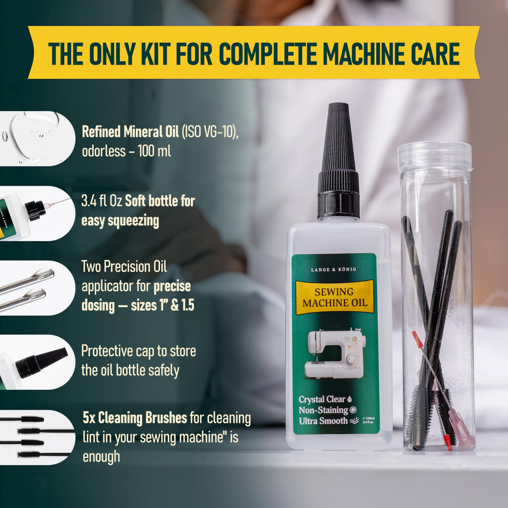 Lange & König 3.4 Oz Sewing Machine Oil Set Including 1" & 1.5" Precision Oil Applicators & 5X Specialized Deep Cleaning Brushes - Sewing Supplies, Sewing Products (Crystal Clear)